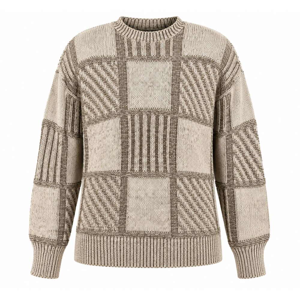 Honors Mens Large Textured Patchwork Knit Crewneck Sweater Beige Cotton Blend